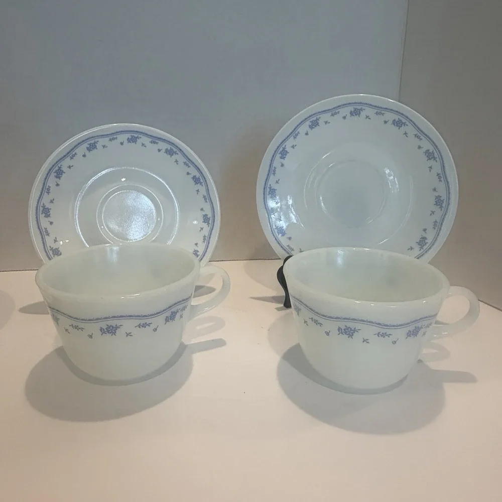 Pyrex Coffee Mug w/ matching Correlle Saucer Morning Blue Pattern Set Of 4 - Picture 8 of 9
